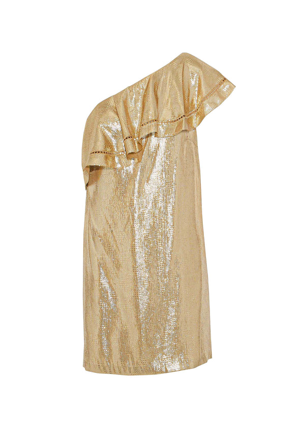 Rachel Zoe Gold Lamé One Shoulder Ruffle Mini Dress