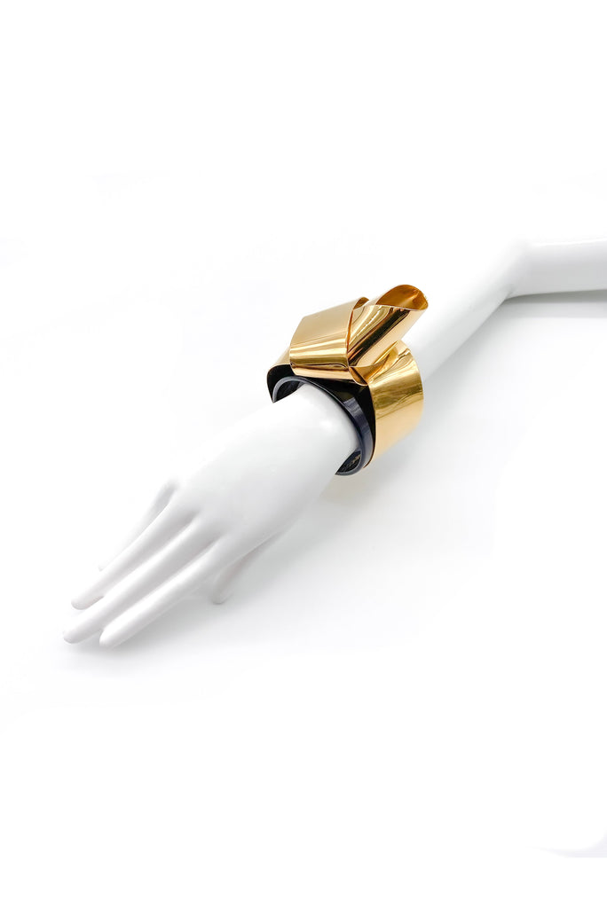 Vionnet Black Resin with Gold Metal Sculptural Ribbon Cuff Bracelet