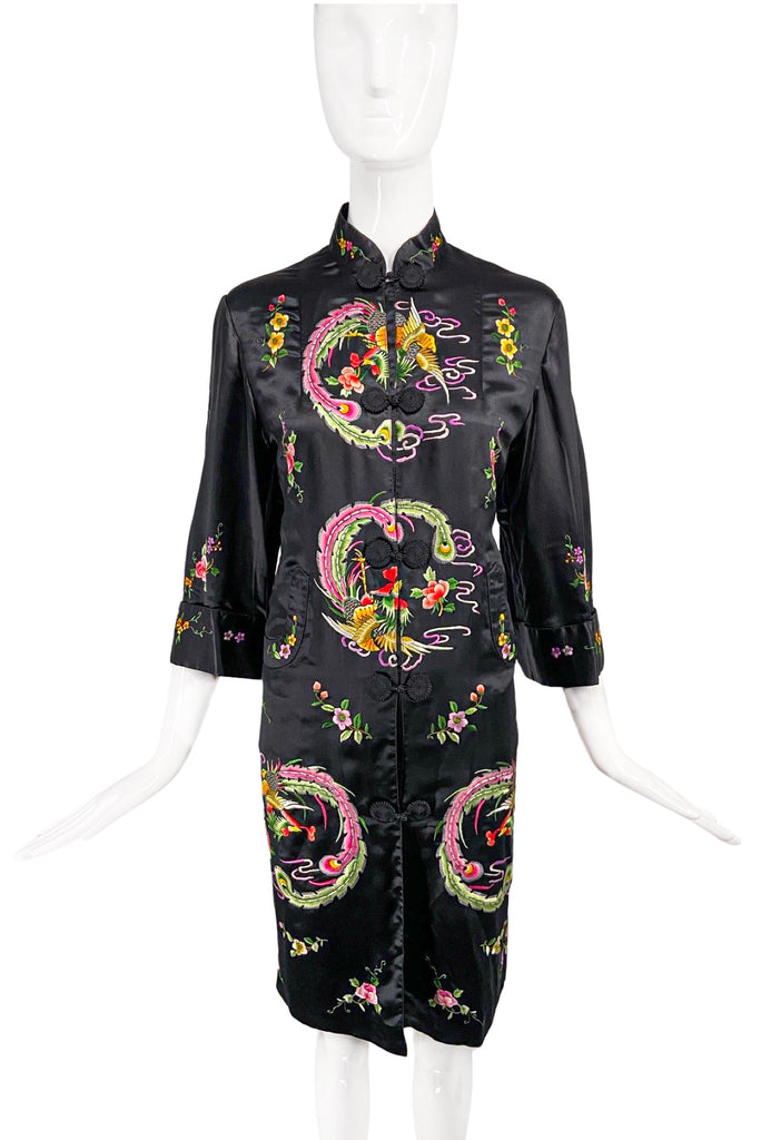 Vintage 1960's Golden Bee Black Satin Embroidered Coat Dress Chinoiserie Gucci Style