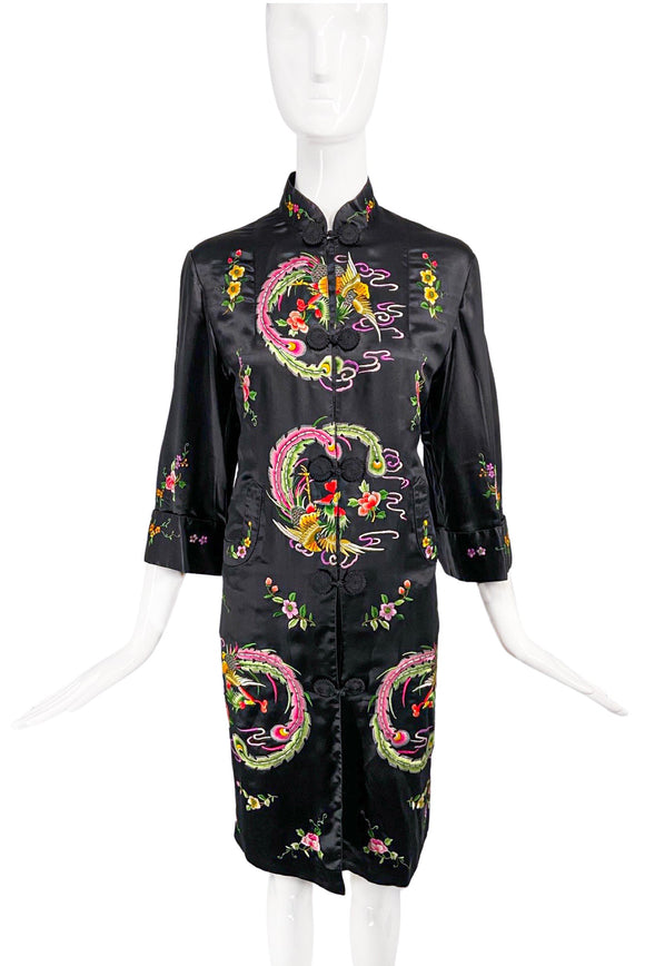 Vintage 1960's Golden Bee Black Satin Embroidered Coat Dress Chinoiserie Gucci Style