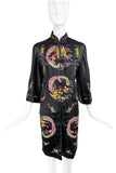 Vintage 1960's Golden Bee Black Satin Embroidered Coat Dress Chinoiserie Gucci Style