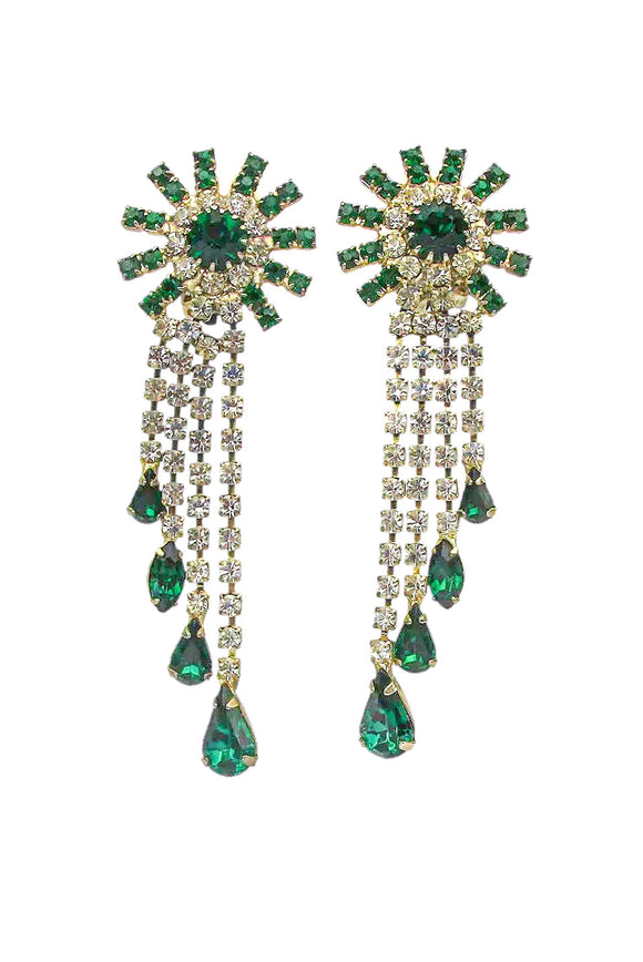 Vintage Silver Emerald Green and Diamond Cascading Rhinestone Crystal Earrings