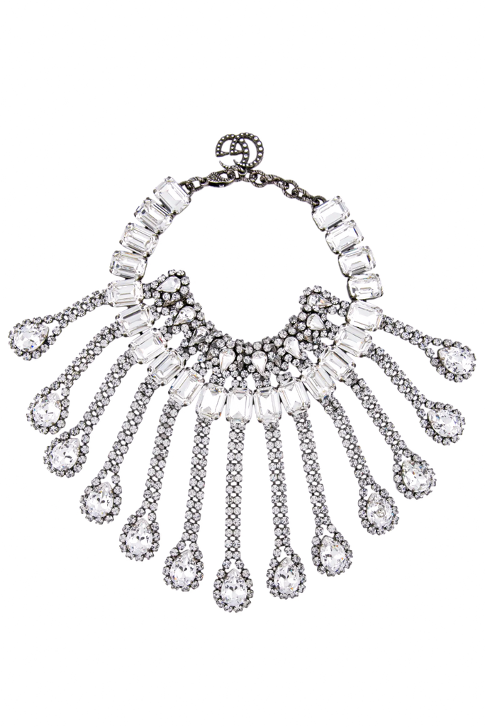 Gucci Crystal Silver Showgirl Tear Drop Peacock Fringe Choker Necklace Runway Fall 2018