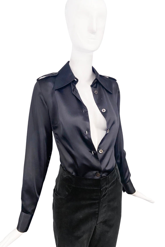 Gucci by Tom Ford Black Satin Silk Military Shirt Iconic 1996 Collection