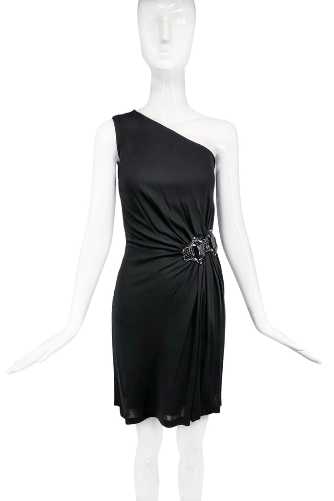 Gucci One Shoulder Asymmetric Ruched Beaded Broach Detail Cocktail Dress