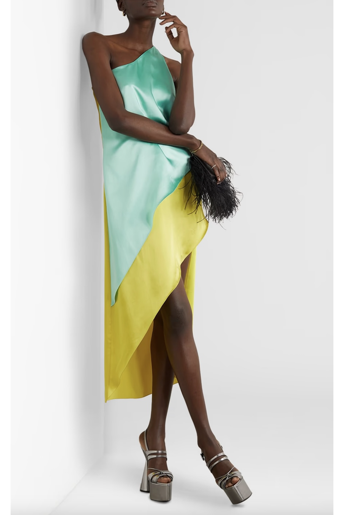 Halpern London Green Blue Turquoise Yellow One Shoulder Asymmetric Gown Dress
