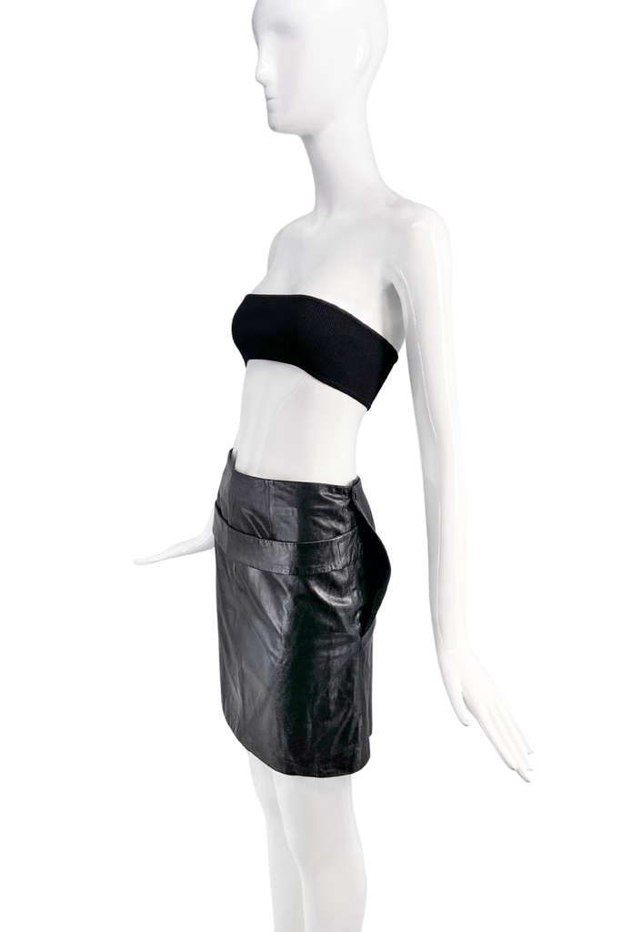 Helmut Lang Black Leather Mini Skirt with Strap Detail