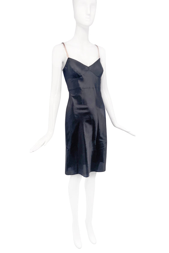 Helmut Lang Black Nylon Iconic 90's Nude Satin Strap Slip Dress