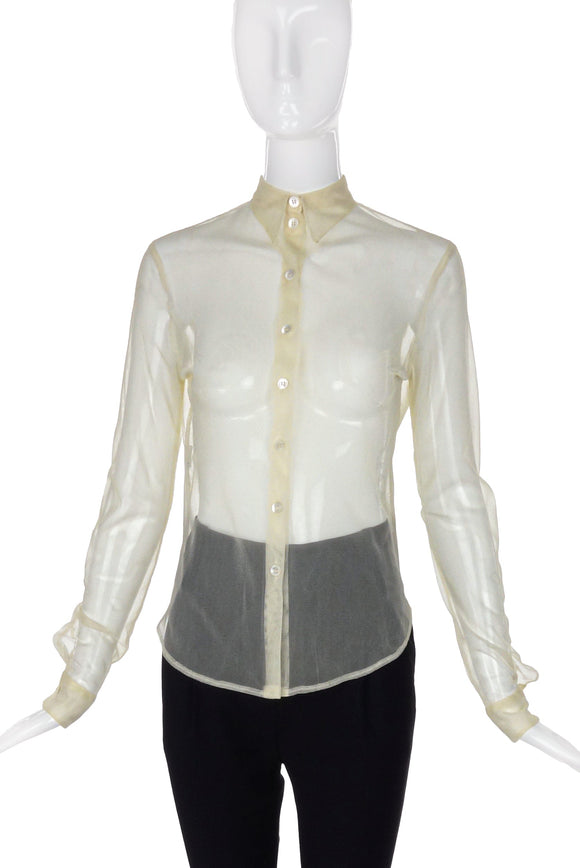Helmut Lang Pastel Nude Yellow Tulle Net Button-Up Shirt