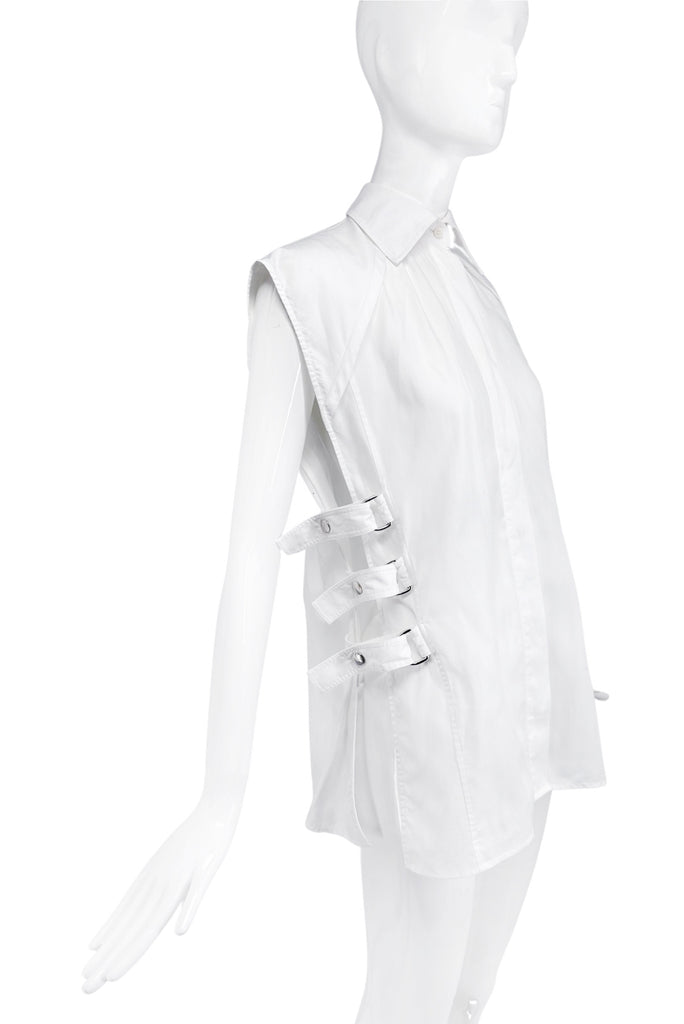 Helmut Lang White Sleeveless Button Down Shirt with Side Strap Closures