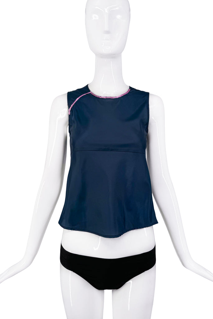 Helmut Lang Navy Blue Pink Sequin Trim Crop Tank Top