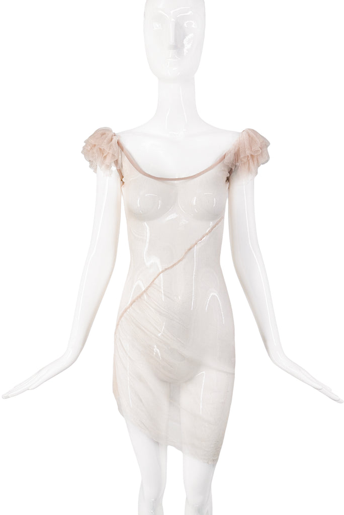 Helmut Lang Beige Sheer Ruffle Shoulder Asymmetric Dress