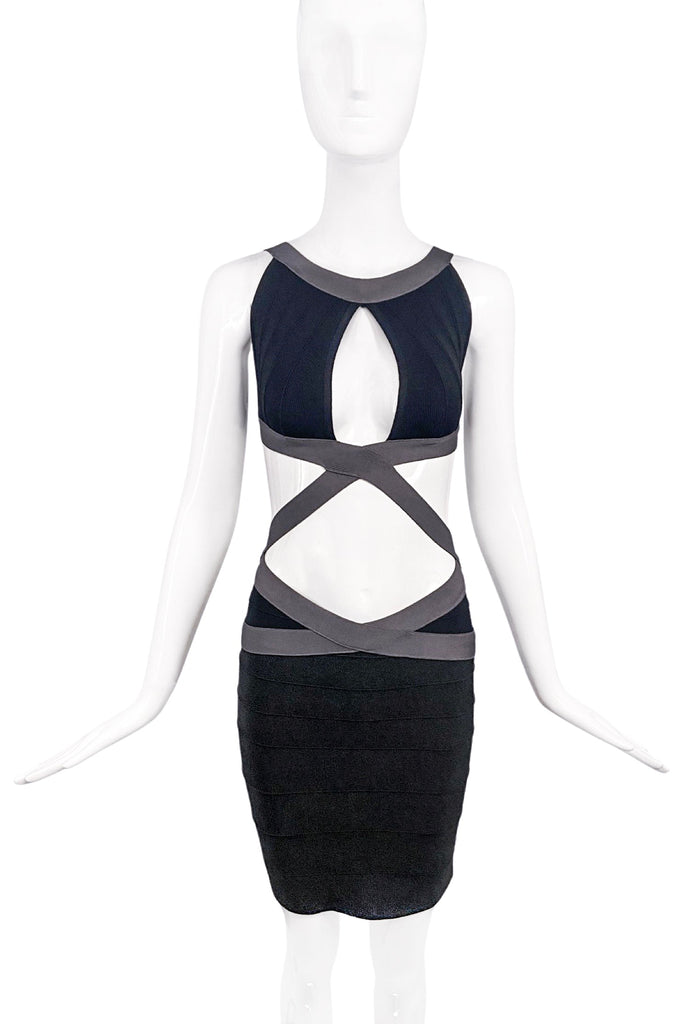Herve Leger Black Grey Cut Out Bandeau Bodycon Dress