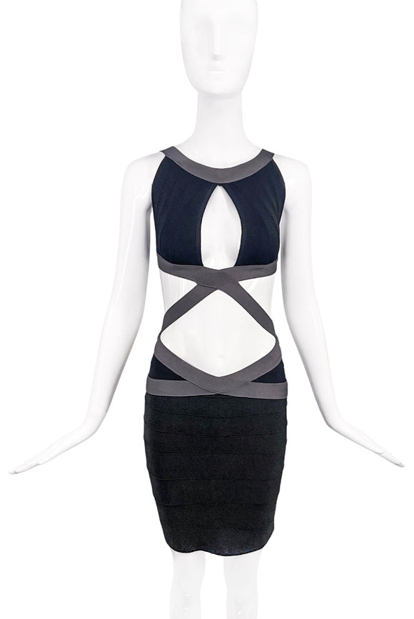 Herve Leger Black Grey Cut Out Bandeau Bodycon Dress