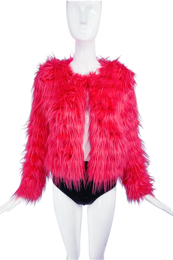 Vintage Hot Pink Salmon Faux Fur Shaggy Cropped Jacket