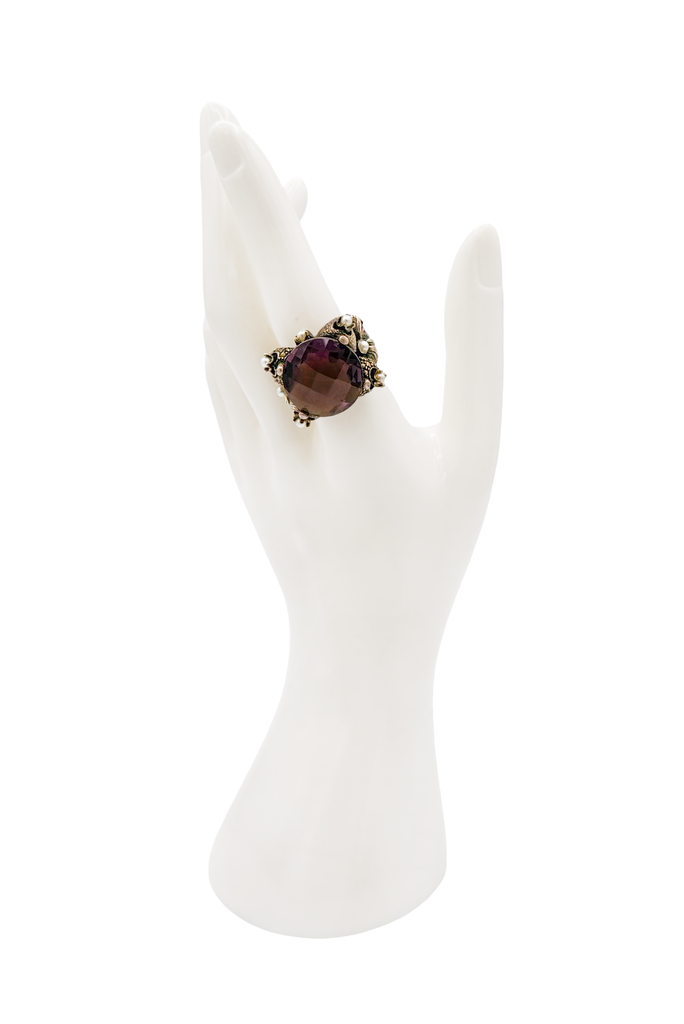 Vintage Gold Bronze Pearl Embellished Red Purple Ombre Gemstone Cocktail Ring