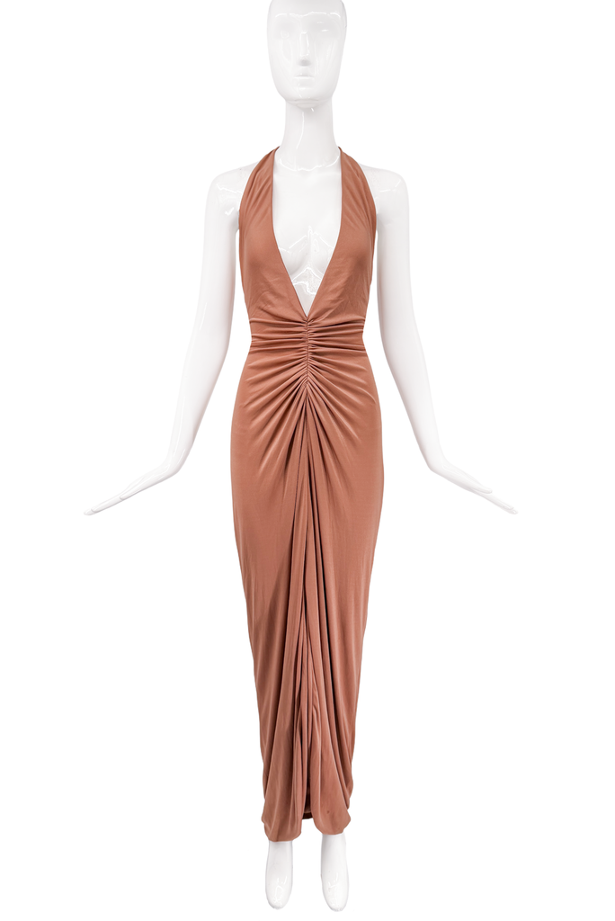 Versace Brown Ruched Halter Neck Dress Gown Runway SS2005