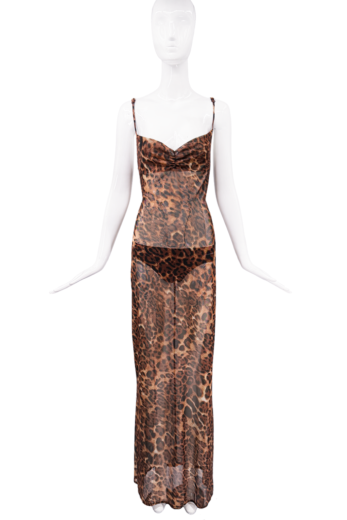 Vintage Brown Sheer Leopard Print Slip Dress Gown