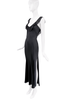 Vintage Black Silk Satin Ruffle Collar Slit Dress Gown