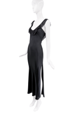 Vintage Black Silk Satin Ruffle Collar Slit Dress Gown