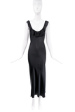 Vintage Black Silk Satin Ruffle Collar Slit Dress Gown