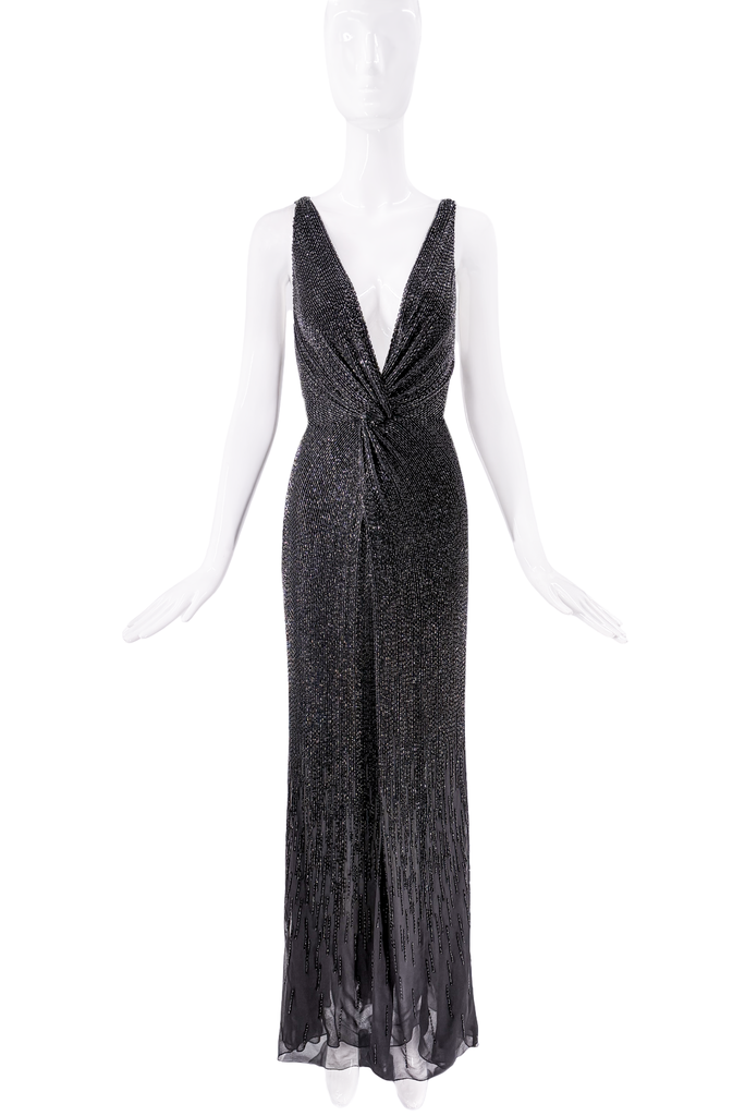 Roberto Cavalli Black Crystal Beaded Plunging Neckline Gown