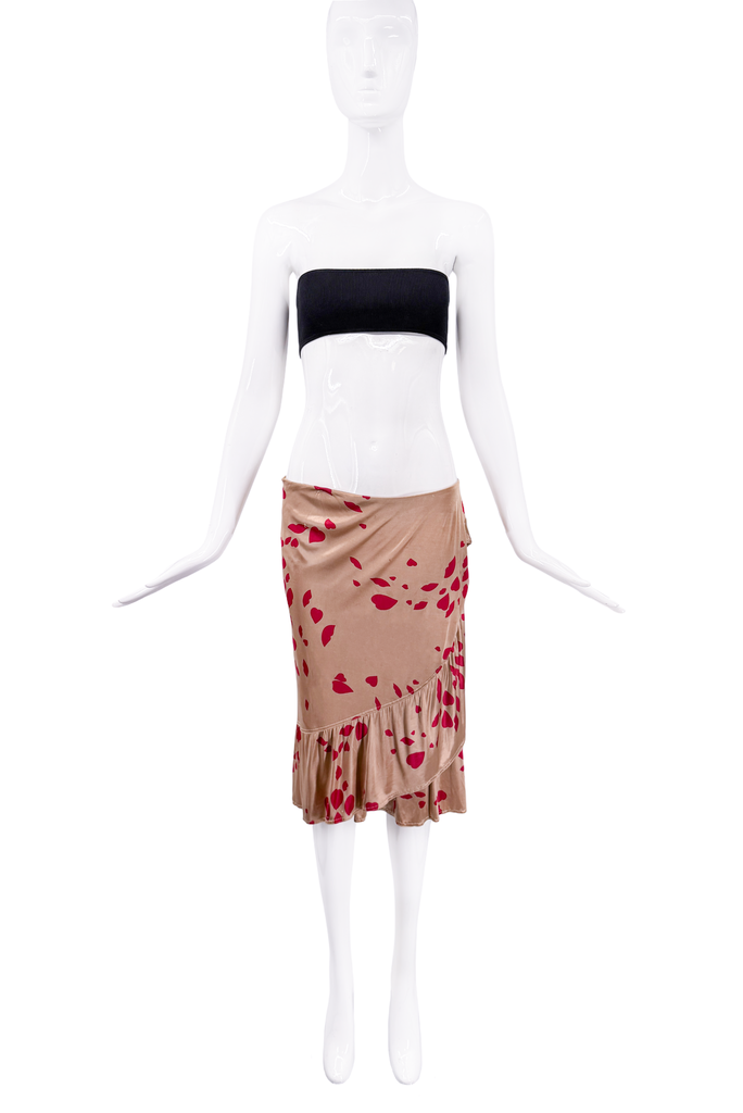 Saint Laurent Brown Red Heart Print Ruffle Midi Skirt