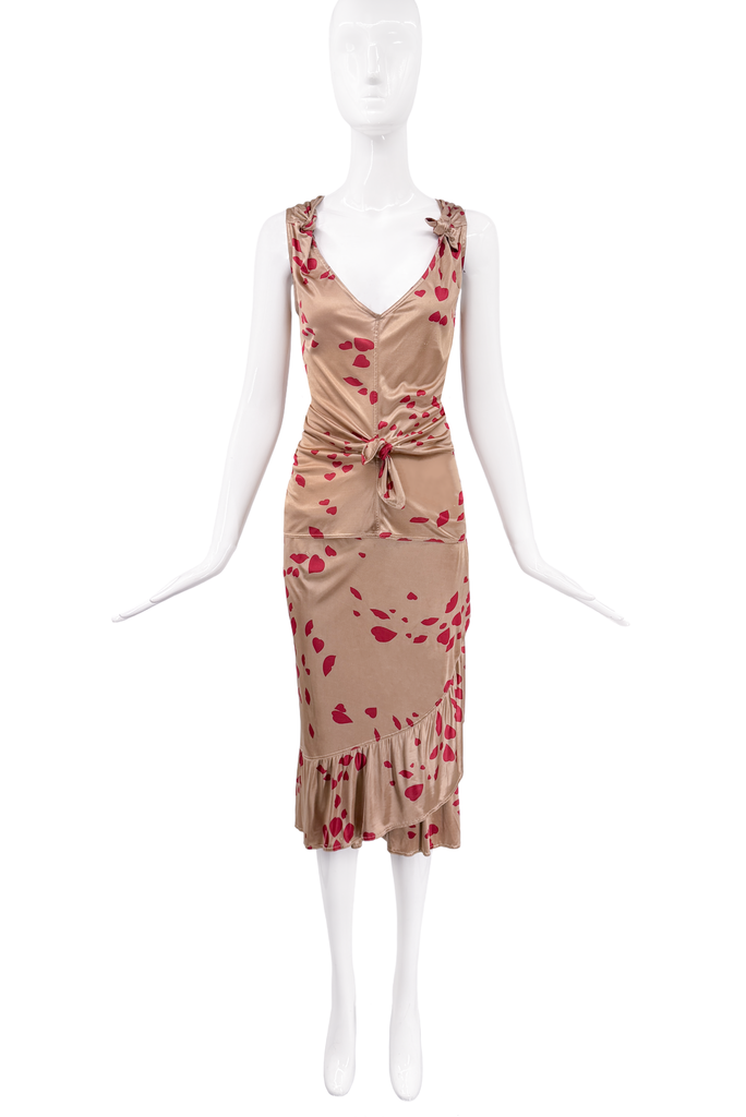 Saint Laurent Brown Red Heart Print Ruffle Tie Dress Set