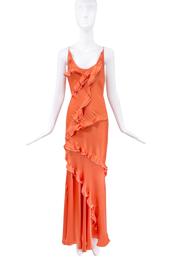 Nina Ricci Orange Silk Sarin Asymmetric Ruffle Dress Gown