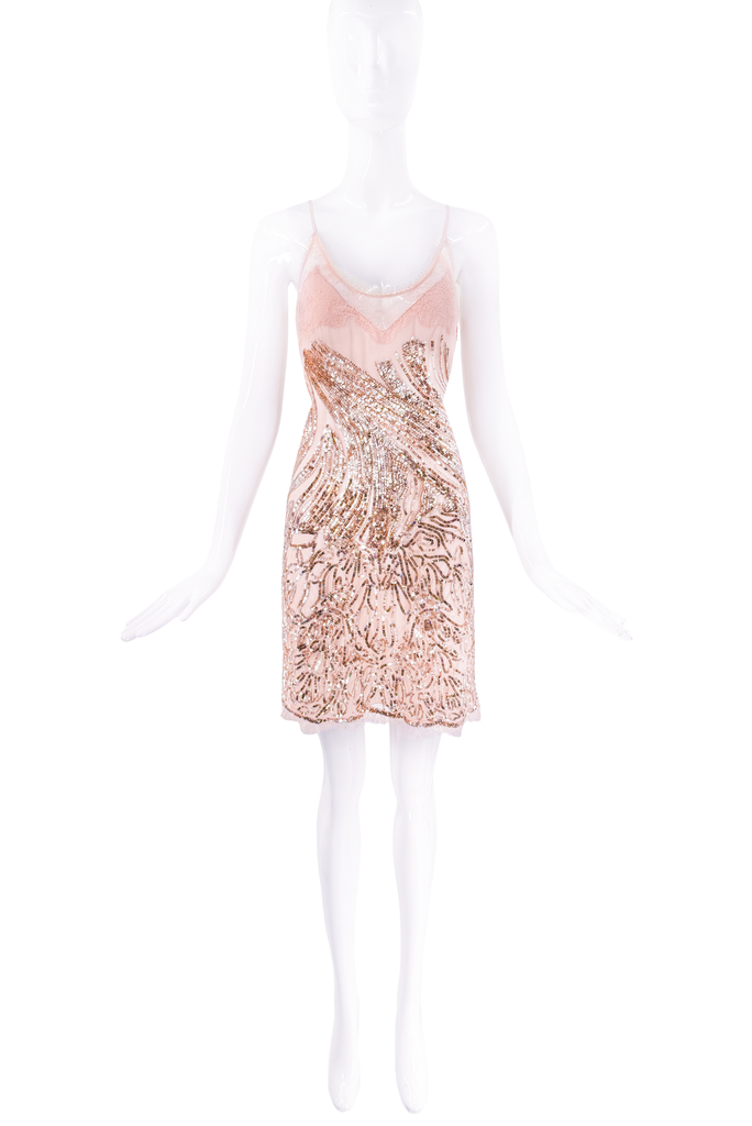 Roberto Cavalli Pink Sequin Lace Mesh Slip Mini Dress