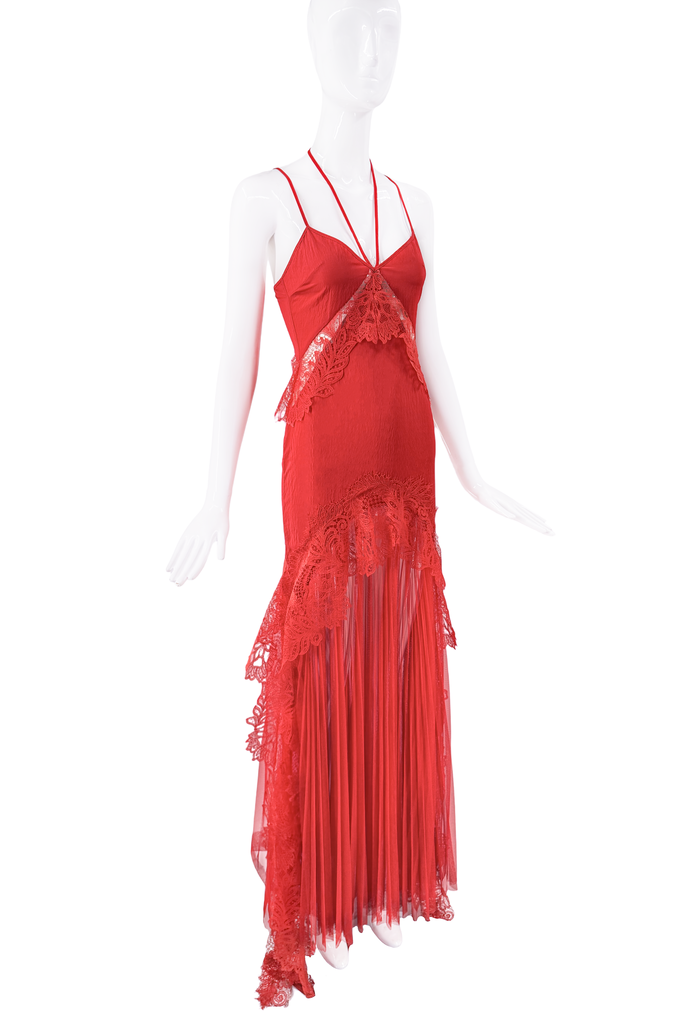 David Koma Red Lace Drop Waist Cut Out Gown