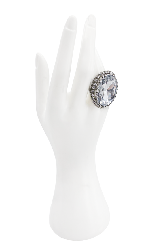 Vintage Silver Oversized Oval Crystal Ring Framed in Diamonds