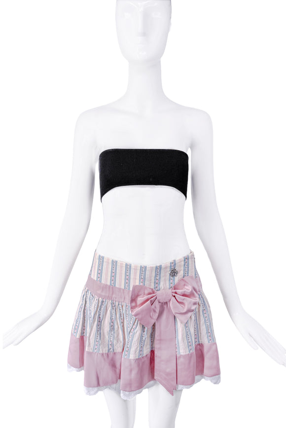 John Galliano Pink and Blue Striped Bow Babydoll Skirt