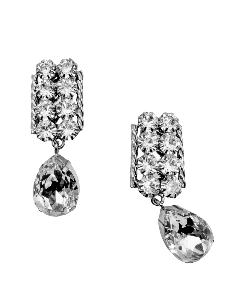 Alessandra Rich Silver Teardrop Two Row Round Crystal Earrings