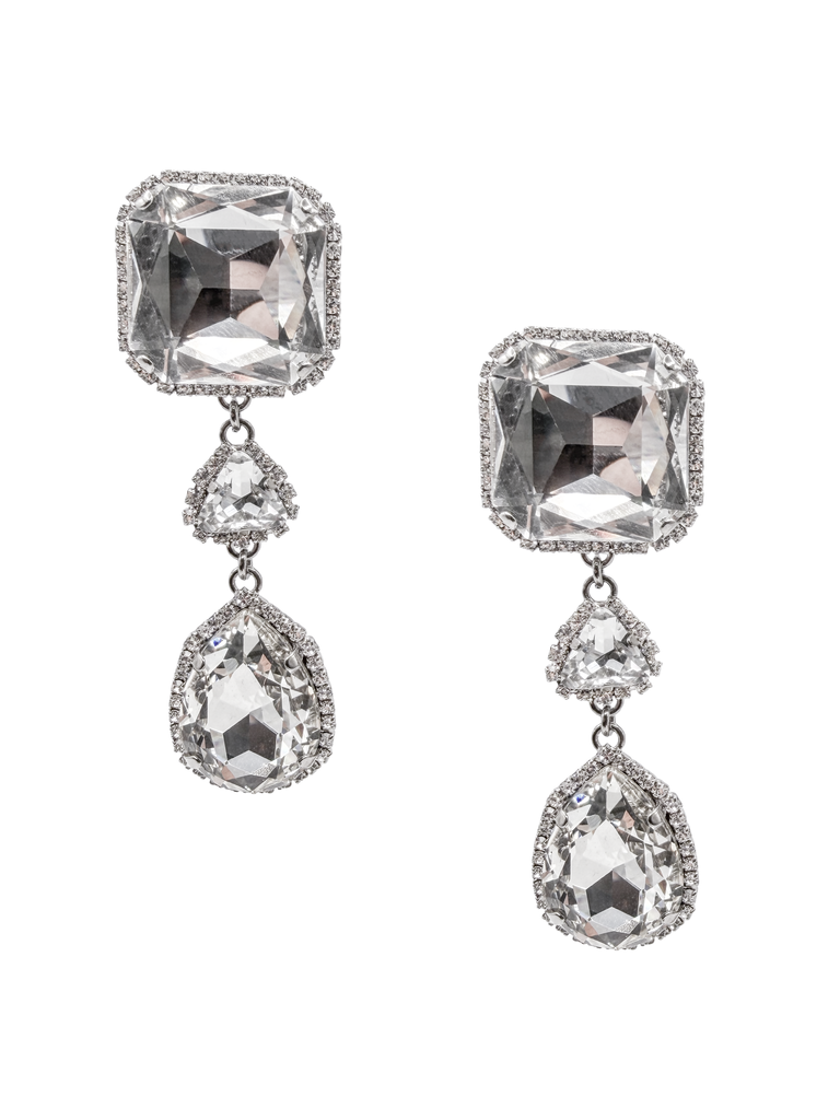 Alessandra Rich Silver Pavé Square Triangle Teardrop Crystal Drop Earrings