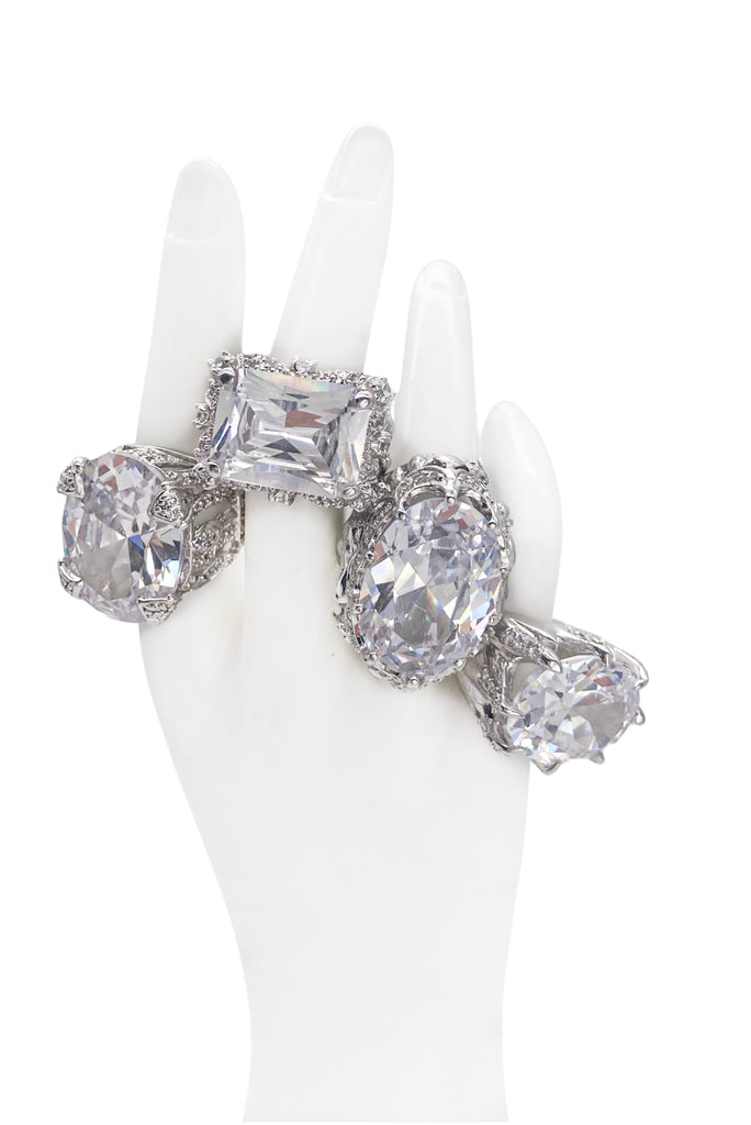 Vintage Collection of Oversized Silver Cocktail Rings with Faceted Crystals