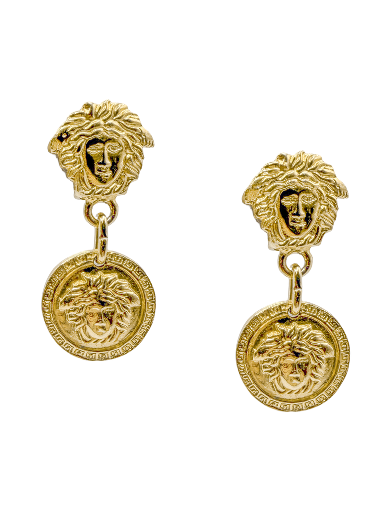 Versace Gold Double Logo Medallion Drop Earrings