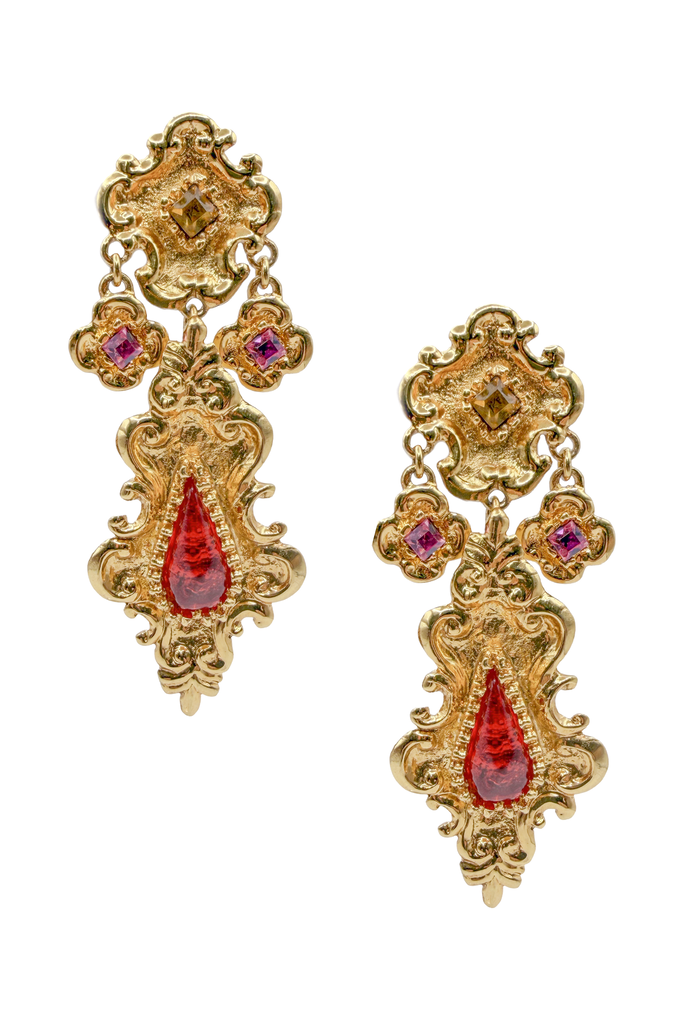 Christian Lacroix Gold With Purple Red and Yellow Stones Embellished Drop Earrings