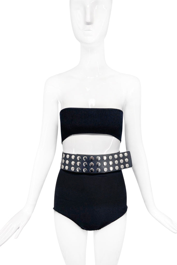 Vintage Black Leather Silver Grommet Snaps Adjustable Belt