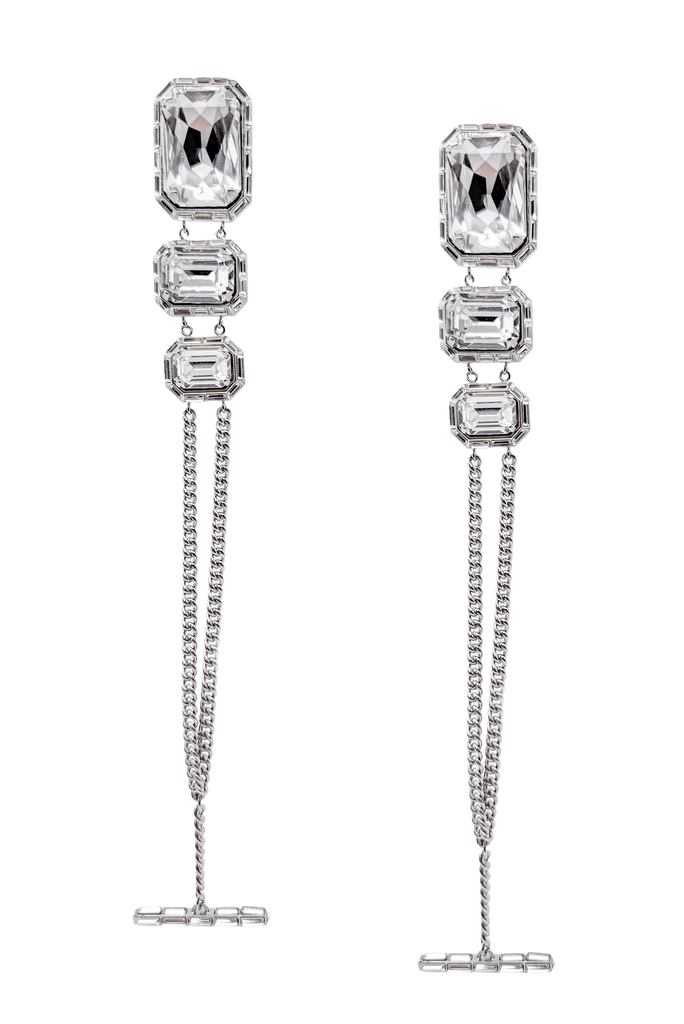 Alexandre Vauthier Silver Chunky Crystal Long Chain Drop Earrings
