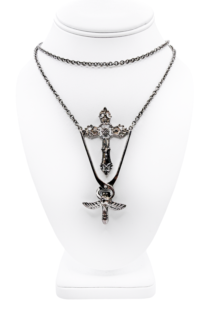 Blackened Silver Double Chain Cross Winged Tip Necklace