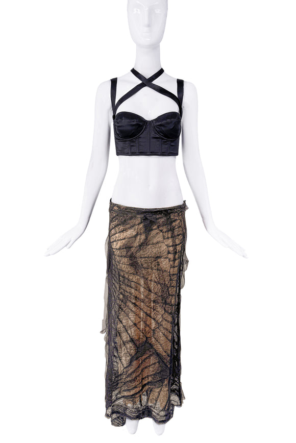 Roberto Cavalli Black and Brown Mesh Patterned Maxi Skirt