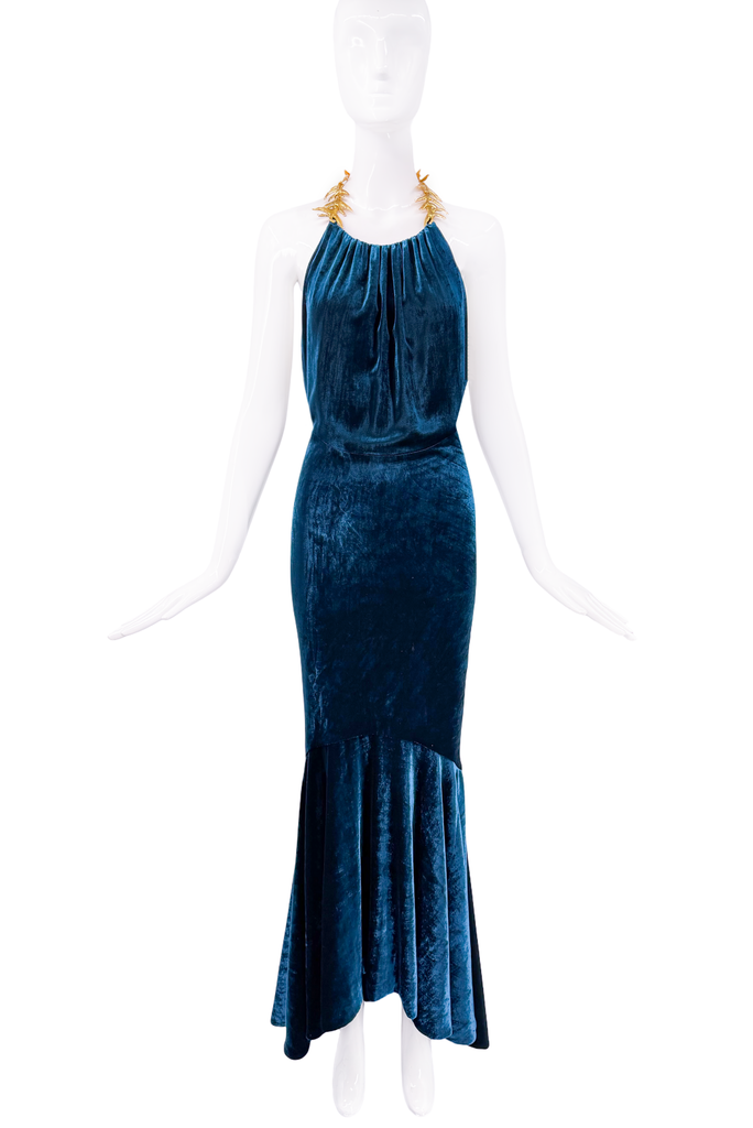 Schiapparelli Blue Velvet Gold Leaf Collar Mermaid Gown
