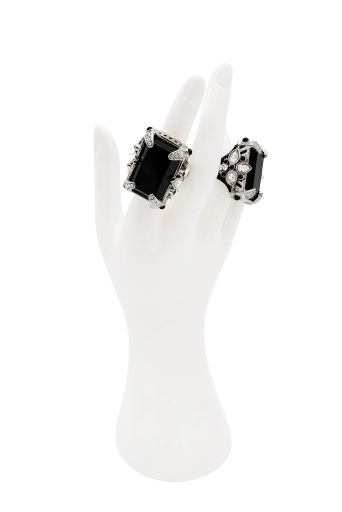 Roberto Cavalli Silver Black Gemstone Crystal Flower Embellished Ring