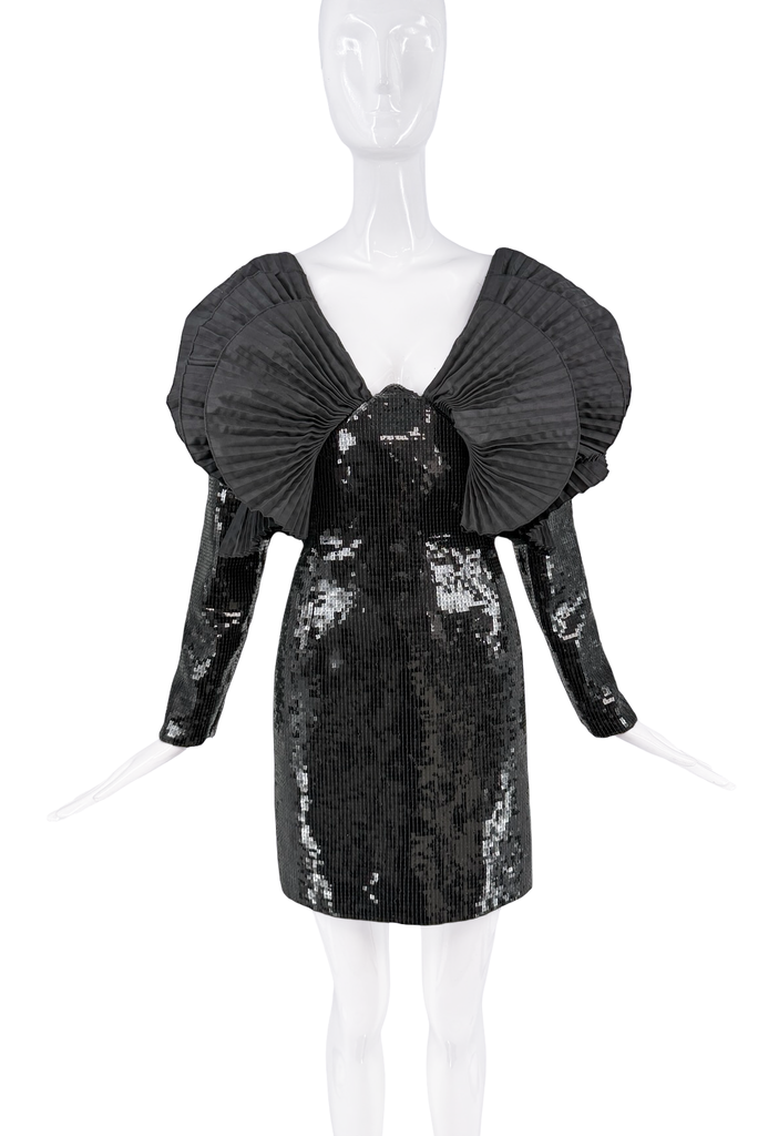 Saint Laurent Black Sequin Pleated Winged Shoulder Mini Dress SS2018