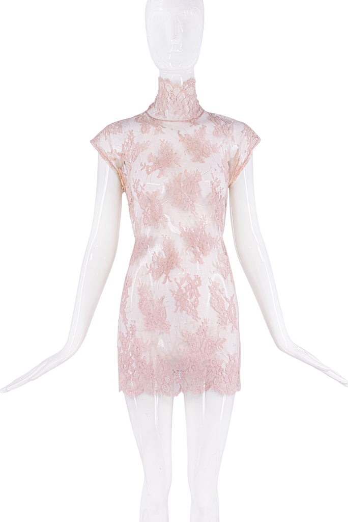 Dolce & Gabbana Pink Lace Sheer Flower Print Turtleneck Mini Dress