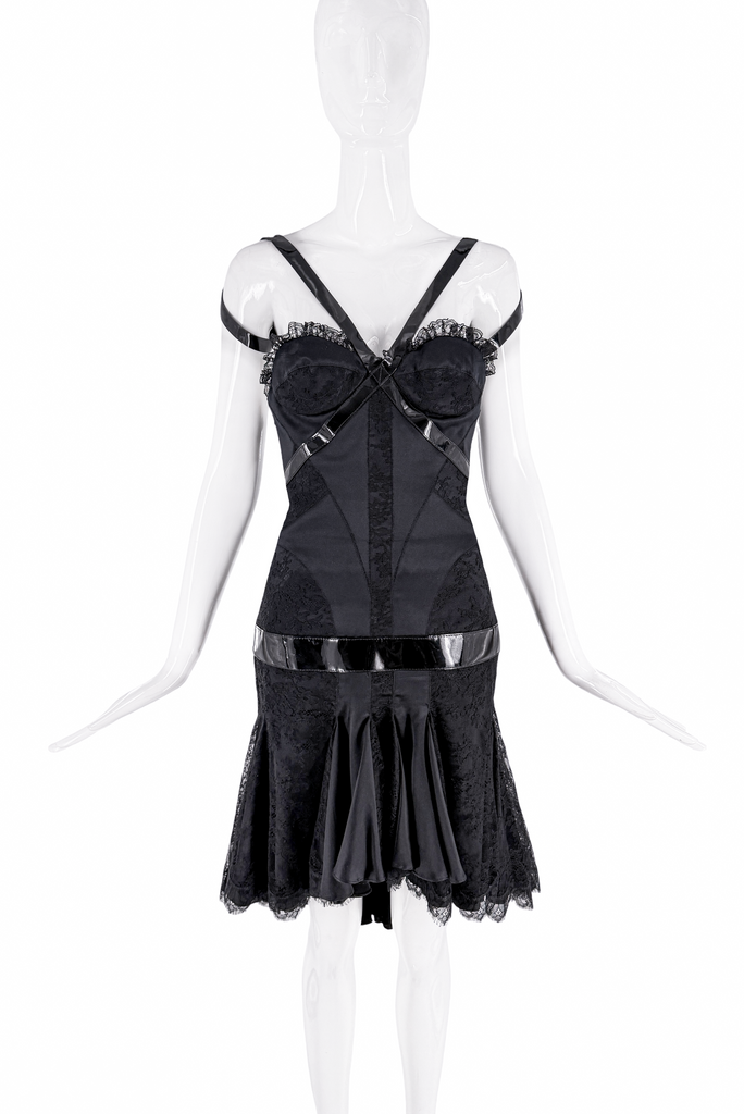 Alexander McQueen Black Patent Leather Strap Lace Drop Waist Corset Bustier Dress