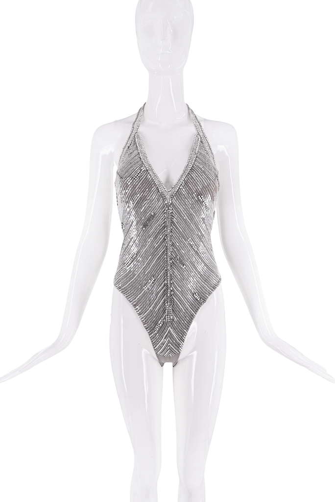 Dolce & Gabbana Silver Metallic Sequin Pattern Halter Bodysuit
