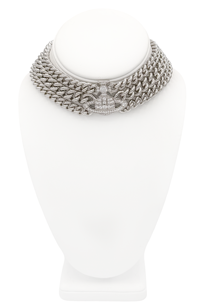 Vivienne Westwood Silver Three Chain Crystal Orb Pendant Choker Necklace