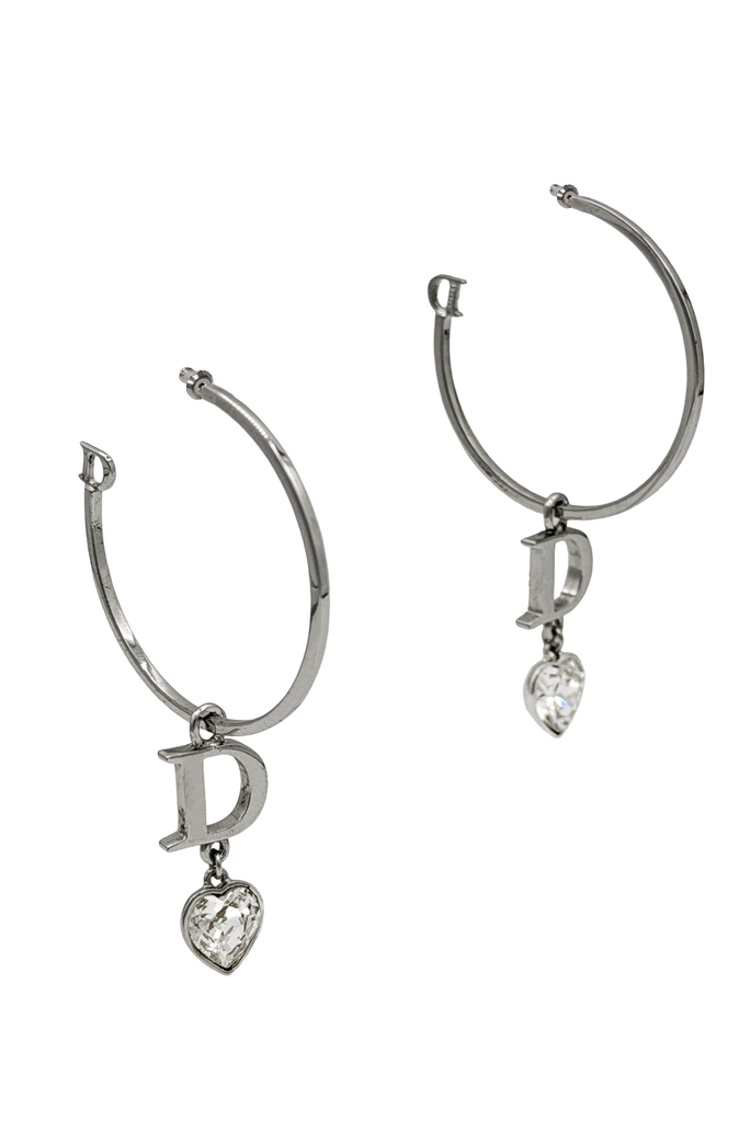 Christian Dior X Galliano Silver D Logo Crystal Heart Drop Hoop Earrings
